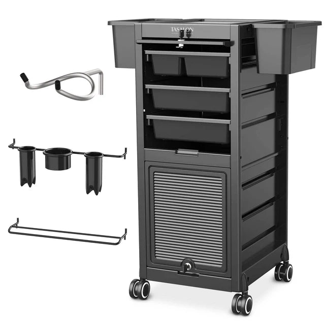 TASALON Premium Lockable Versatile Salon Trolley Cart Black