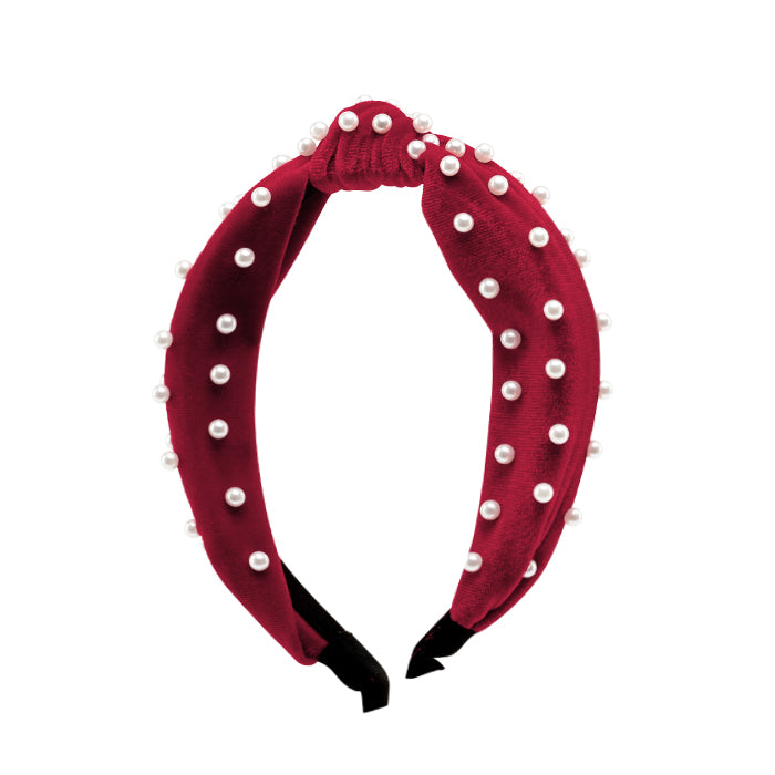 Evalina Upper East Side Velvet Pearl Headband Maroon