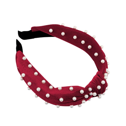 Evalina Upper East Side Velvet Pearl Headband Maroon