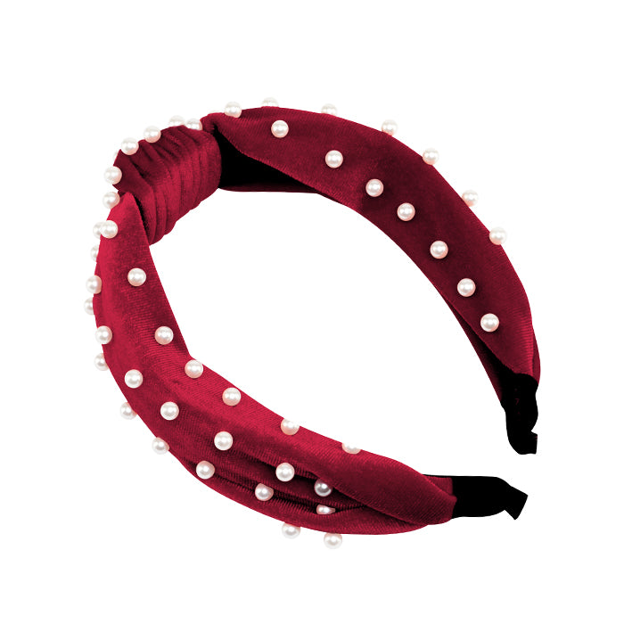 Evalina Upper East Side Velvet Pearl Headband Maroon