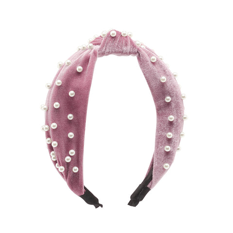 Evalina Upper East Side Velvet Pearl Headband Pink