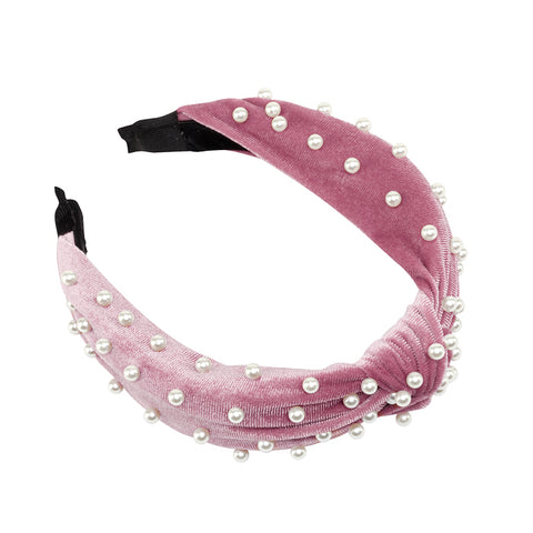 Evalina Upper East Side Velvet Pearl Headband Pink