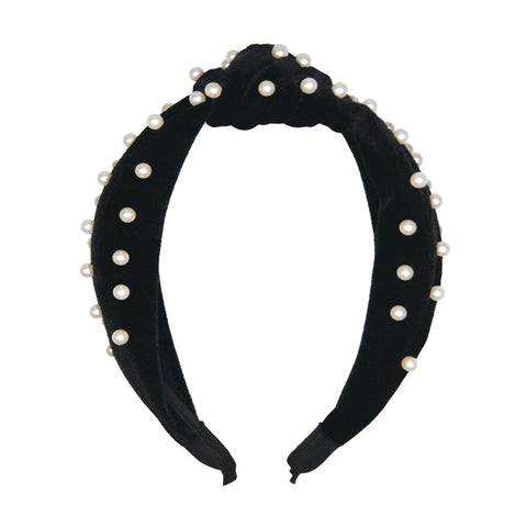 Evalina Upper East Side Velvet Pearl Headband Black