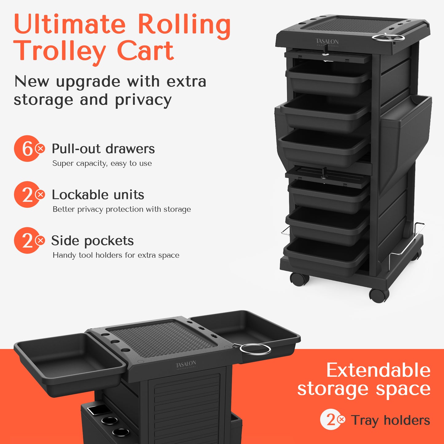 TASALON Premium Lockable Versatile Salon Trolley Cart Black