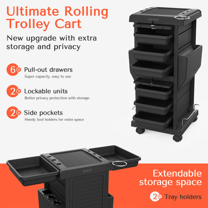 TASALON Premium Lockable Versatile Salon Trolley Cart Black