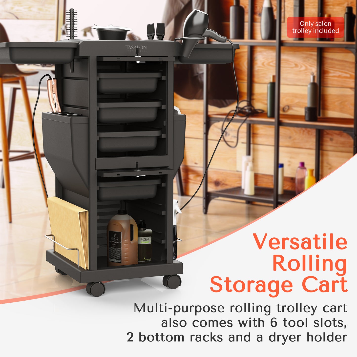 TASALON Premium Lockable Versatile Salon Trolley Cart Black